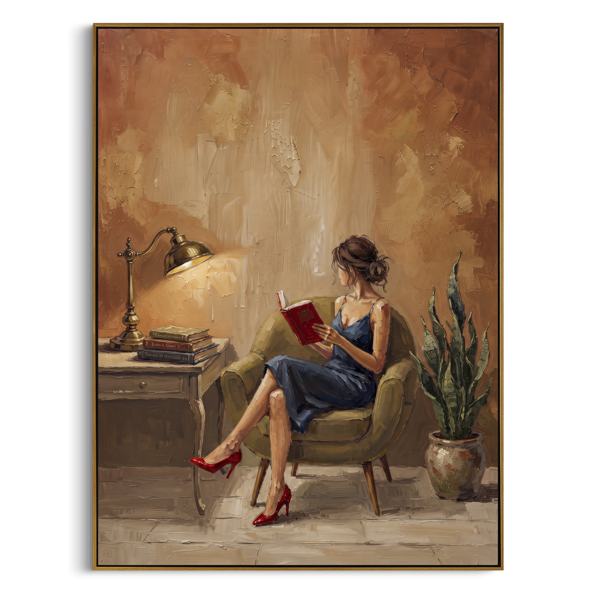 Wandering Gathered Woman Reading by the Lamp focuses on a woman reading beside a tall lamp, books, and a quiet chair. The composition keeps the principal subject clearly separated from the painted field, so the eye can follow the specific gesture, silhouette, garment, fur, petal, ridge, or river visible in this artwork. Its color relationships move between blue, red, and white, with lighter passages opening the focal area and deeper strokes giving the forms weight. Palette-knife edges, impasto