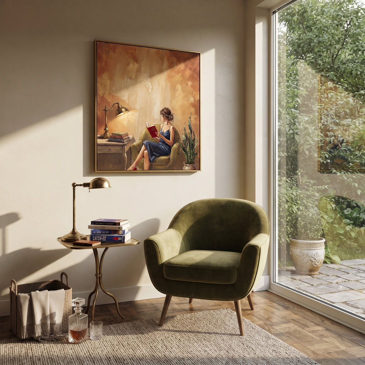 Wandering Gathered Woman Reading by the Lamp focuses on a woman reading beside a tall lamp, books, and a quiet chair. The composition keeps the principal subject clearly separated from the painted field, so the eye can follow the specific gesture, silhouette, garment, fur, petal, ridge, or river visible in this artwork. Its color relationships move between blue, red, and white, with lighter passages opening the focal area and deeper strokes giving the forms weight. Palette-knife edges, impasto