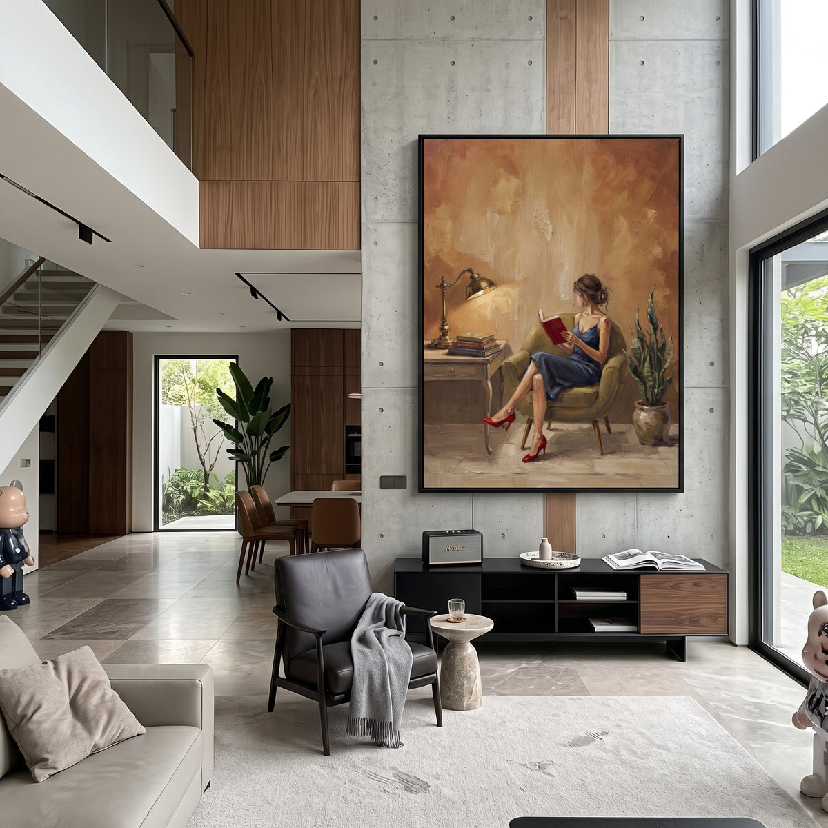 Wandering Gathered Woman Reading by the Lamp focuses on a woman reading beside a tall lamp, books, and a quiet chair. The composition keeps the principal subject clearly separated from the painted field, so the eye can follow the specific gesture, silhouette, garment, fur, petal, ridge, or river visible in this artwork. Its color relationships move between blue, red, and white, with lighter passages opening the focal area and deeper strokes giving the forms weight. Palette-knife edges, impasto