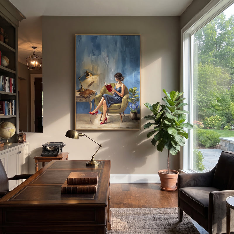 "Reflective Gathered Woman Reading by the Lamp" - Modern Heavy Impasto Landscape Artwork | Green & Grey Palette Knife Painting | Luxury Vertical Wall Art #PT 3164