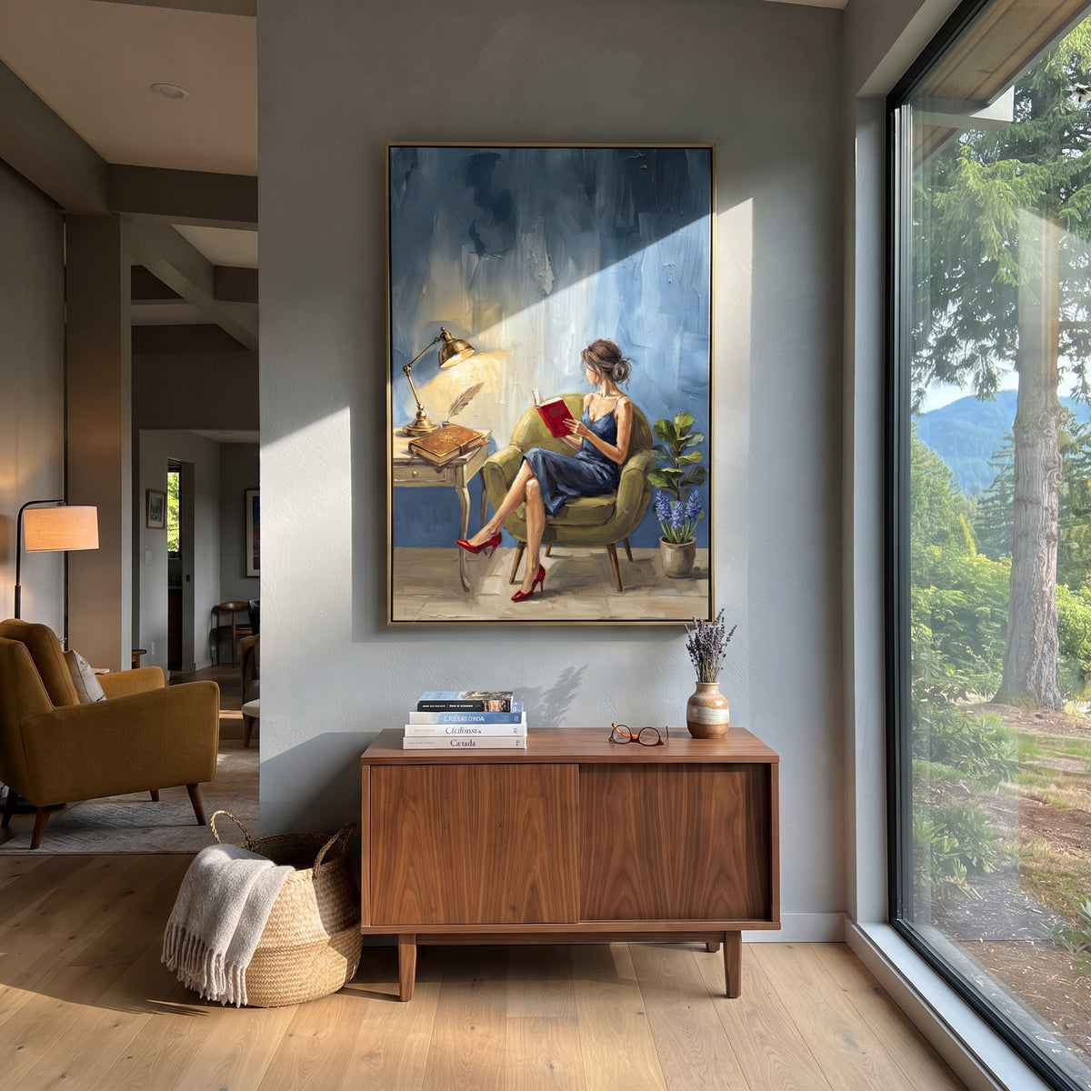 Reflective Gathered Woman Reading by the Lamp focuses on a woman reading beside a tall lamp, books, and a quiet chair. The composition keeps the principal subject clearly separated from the painted field, so the eye can follow the specific gesture, silhouette, garment, fur, petal, ridge, or river visible in this artwork. Its color relationships move between green, grey, and pink, with lighter passages opening the focal area and deeper strokes giving the forms weight. Palette-knife edges, impasto