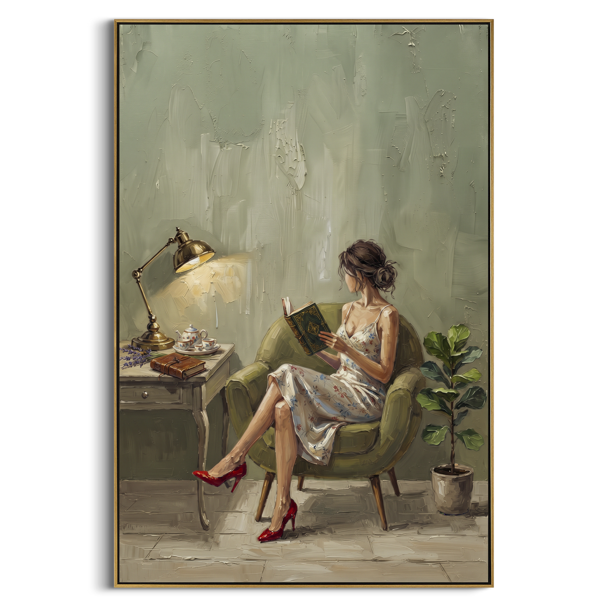 "Midnight Gathered Woman Reading by the Lamp" - Modern Heavy Impasto Landscape Artwork | Beige & Black Palette Knife Painting | Luxury Vertical Wall Art #PT 3165