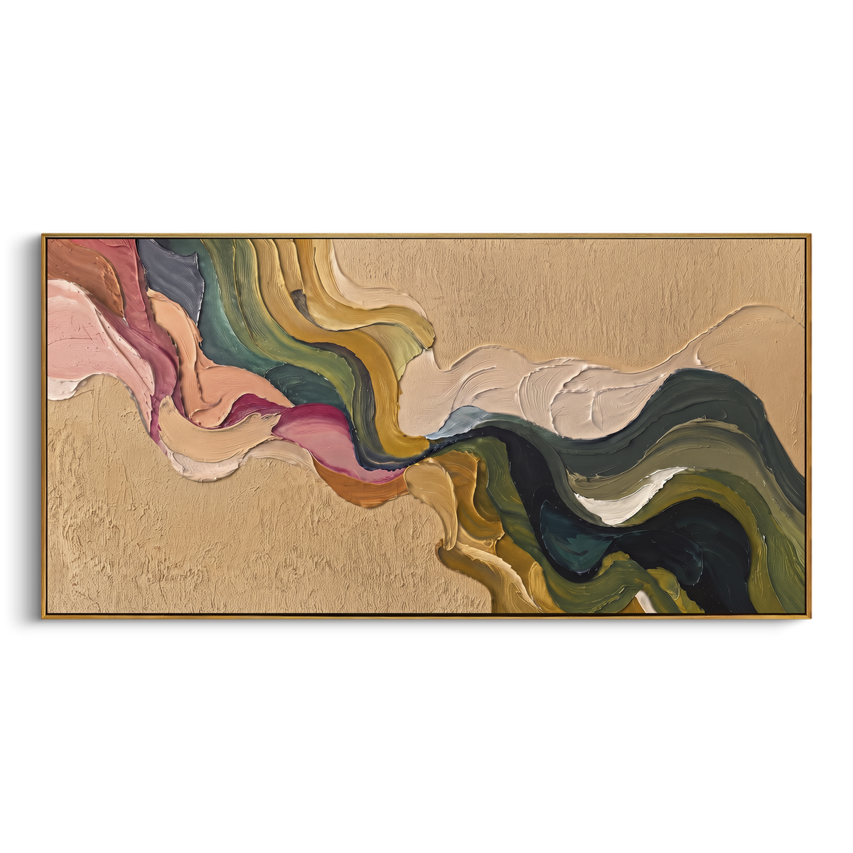 Storybook Gathered Flowing Color Ribbon focuses on interlaced ribbon-like bands of pink, blue, green, cream, and black. The composition keeps the principal subject clearly separated from the painted field, so the eye can follow the specific gesture, silhouette, garment, fur, petal, ridge, or river visible in this artwork. Its color relationships move between purple, green, and white, with lighter passages opening the focal area and deeper strokes giving the forms weight. Palette-knife edges