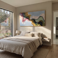 Quiet River Flowing Color Ribbon focuses on interlaced ribbon-like bands of pink, blue, green, cream, and black. The composition keeps the principal subject clearly separated from the painted field, so the eye can follow the specific gesture, silhouette, garment, fur, petal, ridge, or river visible in this artwork. Its color relationships move between blue, beige, and brown, with lighter passages opening the focal area and deeper strokes giving the forms weight. Palette-knife edges, impasto