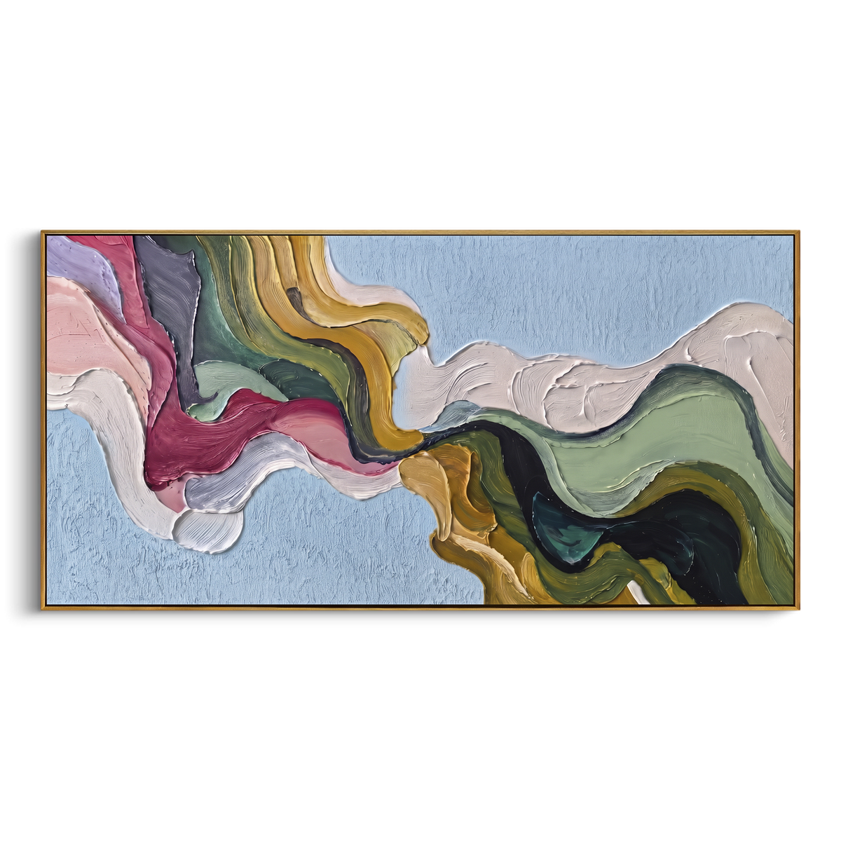 "Quiet River Flowing Color Ribbon" - Modern Heavy Impasto Landscape Artwork | Blue & Beige Palette Knife Painting | Luxury Horizontal Wall Art #PT 3167