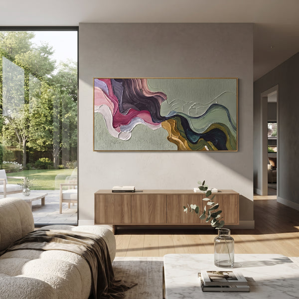 "Luminous River Flowing Color Ribbon" - Modern Heavy Impasto Landscape Artwork | Orange & Pink Palette Knife Painting | Luxury Horizontal Wall Art #PT 3168