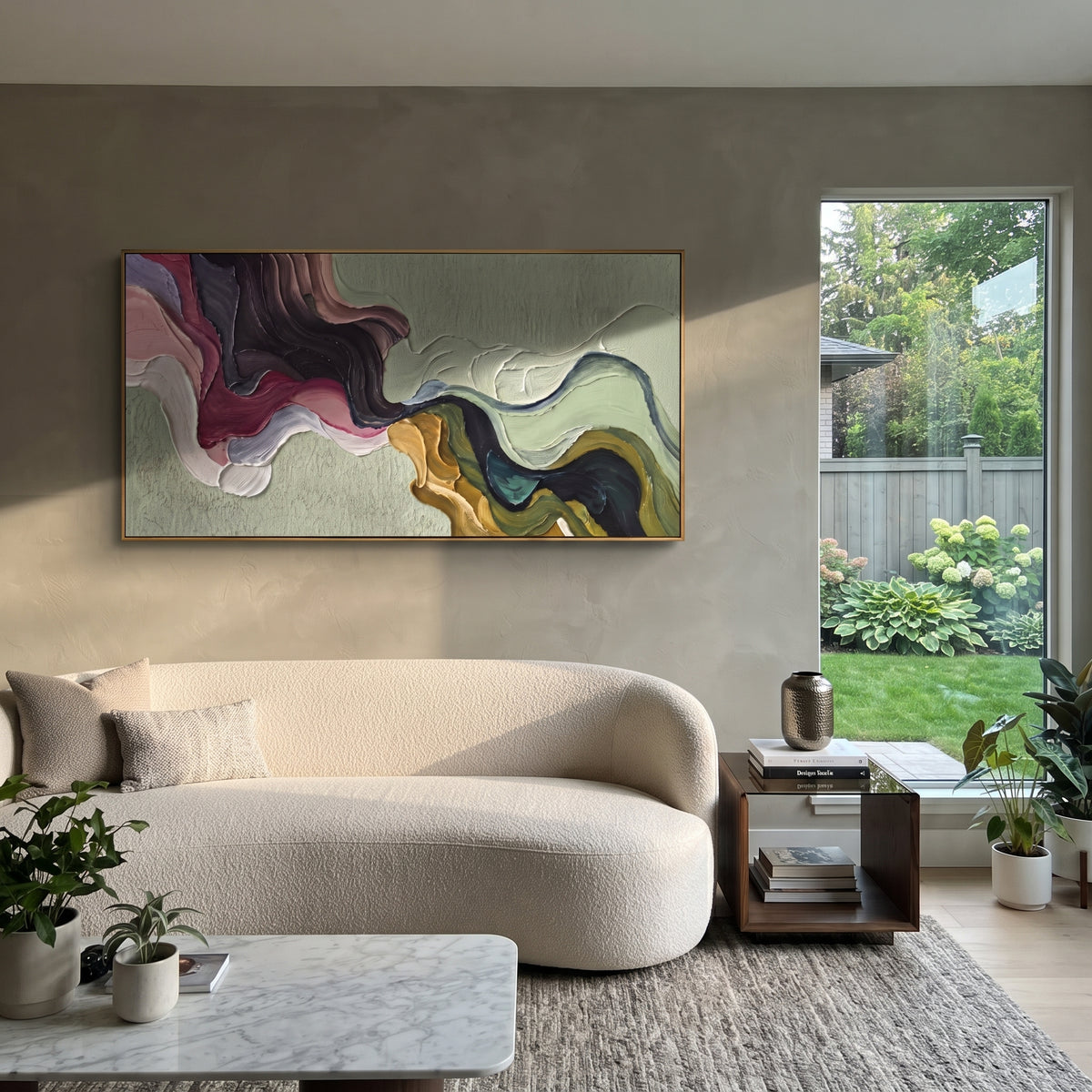 Luminous River Flowing Color Ribbon focuses on interlaced ribbon-like bands of pink, blue, green, cream, and black. The composition keeps the principal subject clearly separated from the painted field, so the eye can follow the specific gesture, silhouette, garment, fur, petal, ridge, or river visible in this artwork. Its color relationships move between orange, pink, and green, with lighter passages opening the focal area and deeper strokes giving the forms weight. Palette-knife edges, impasto