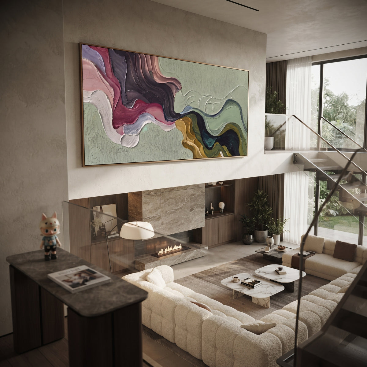 Luminous River Flowing Color Ribbon focuses on interlaced ribbon-like bands of pink, blue, green, cream, and black. The composition keeps the principal subject clearly separated from the painted field, so the eye can follow the specific gesture, silhouette, garment, fur, petal, ridge, or river visible in this artwork. Its color relationships move between orange, pink, and green, with lighter passages opening the focal area and deeper strokes giving the forms weight. Palette-knife edges, impasto