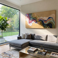 Tender River Flowing Color Ribbon focuses on interlaced ribbon-like bands of pink, blue, green, cream, and black. The composition keeps the principal subject clearly separated from the painted field, so the eye can follow the specific gesture, silhouette, garment, fur, petal, ridge, or river visible in this artwork. Its color relationships move between green, yellow, and beige, with lighter passages opening the focal area and deeper strokes giving the forms weight. Palette-knife edges, impasto