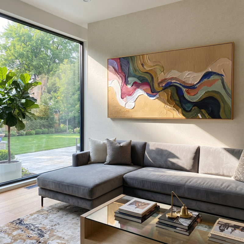 "Tender River Flowing Color Ribbon" - Modern Heavy Impasto Landscape Artwork | Green & Yellow Palette Knife Painting | Luxury Horizontal Wall Art #PT 3169