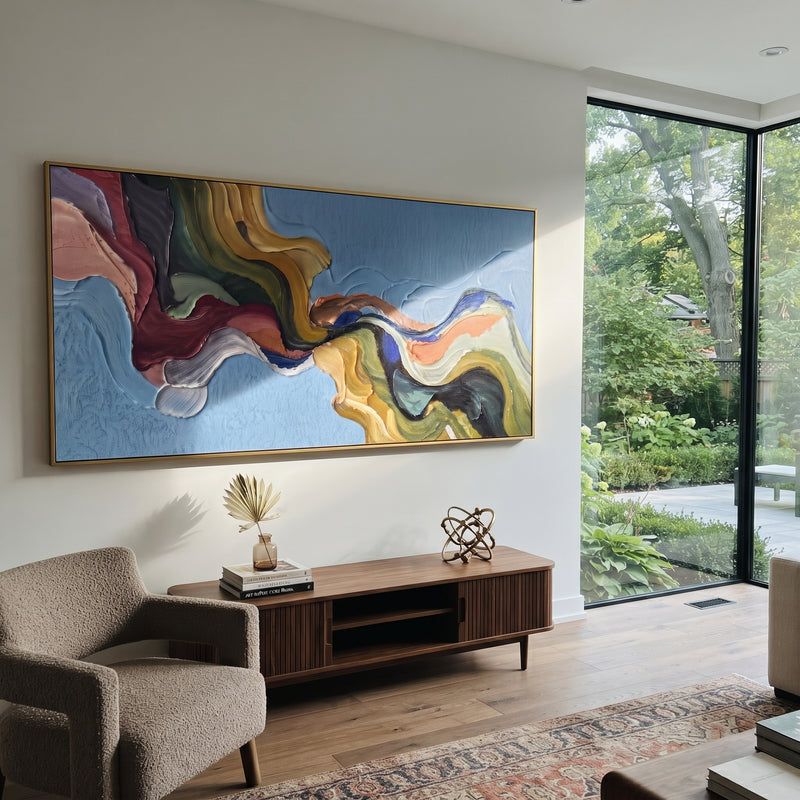 "Cobalt River Flowing Color Ribbon" - Modern Heavy Impasto Landscape Artwork | Blue & Grey Palette Knife Painting | Luxury Horizontal Wall Art #PT 3170