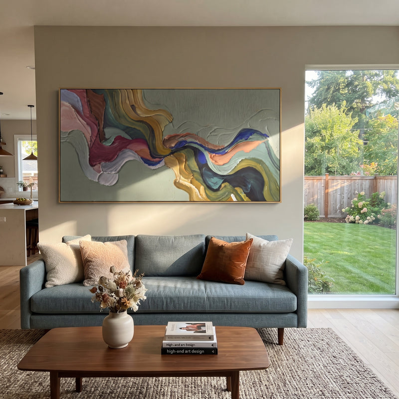 "Mossy River Flowing Color Ribbon" - Modern Heavy Impasto Landscape Artwork | Green & Brown Palette Knife Painting | Luxury Horizontal Wall Art #PT 3171