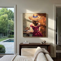 Golden River Hat and Vase Portrait focuses on a faceless woman in a wide hat holding flowers or a decorative object. The composition keeps the principal subject clearly separated from the painted field, so the eye can follow the specific gesture, silhouette, garment, fur, petal, ridge, or river visible in this artwork. Its color relationships move between orange, black, and beige, with lighter passages opening the focal area and deeper strokes giving the forms weight. Palette-knife edges