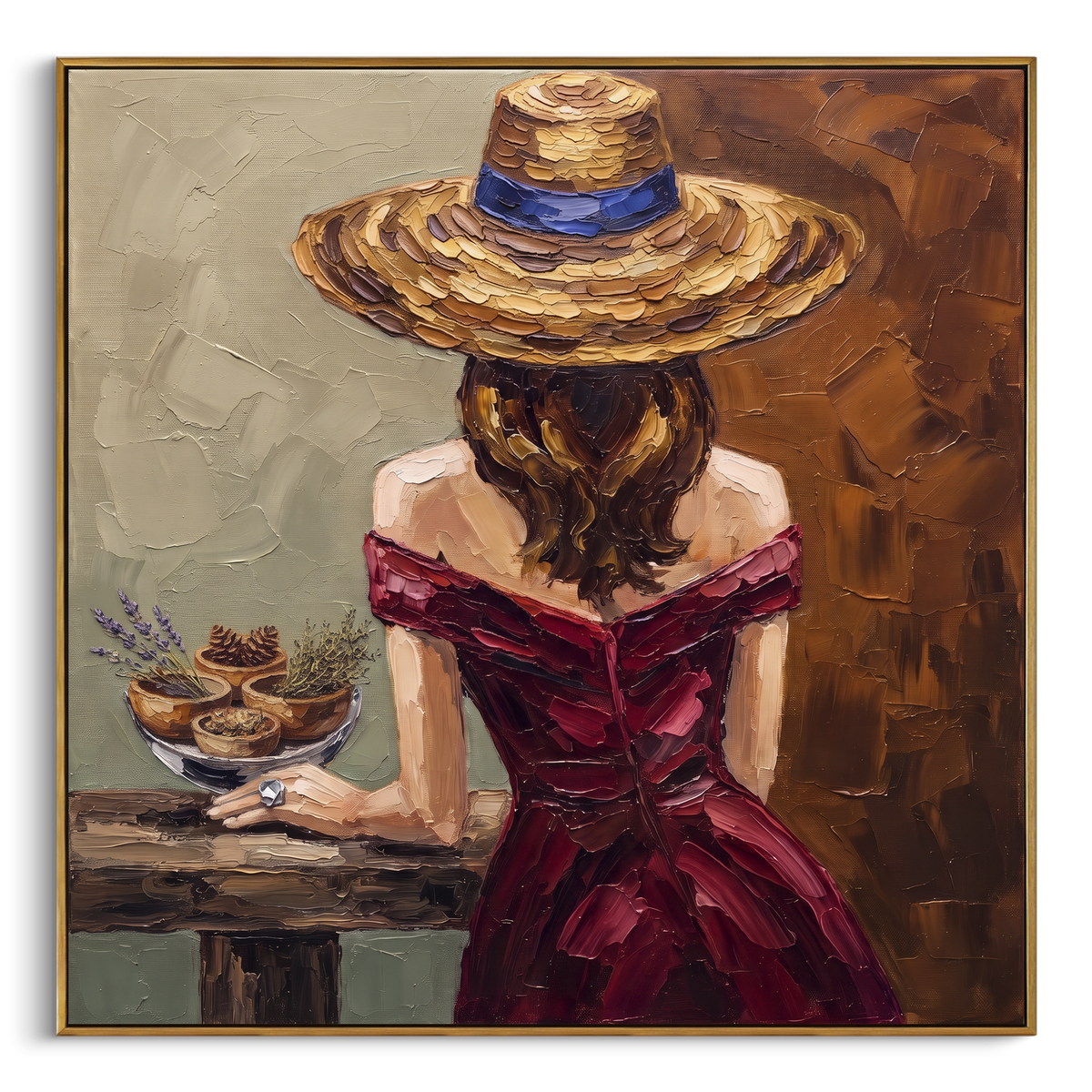 Golden River Hat and Vase Portrait focuses on a faceless woman in a wide hat holding flowers or a decorative object. The composition keeps the principal subject clearly separated from the painted field, so the eye can follow the specific gesture, silhouette, garment, fur, petal, ridge, or river visible in this artwork. Its color relationships move between orange, black, and beige, with lighter passages opening the focal area and deeper strokes giving the forms weight. Palette-knife edges