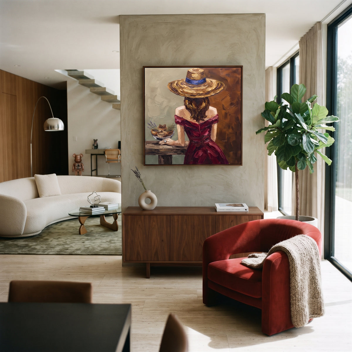 Golden River Hat and Vase Portrait focuses on a faceless woman in a wide hat holding flowers or a decorative object. The composition keeps the principal subject clearly separated from the painted field, so the eye can follow the specific gesture, silhouette, garment, fur, petal, ridge, or river visible in this artwork. Its color relationships move between orange, black, and beige, with lighter passages opening the focal area and deeper strokes giving the forms weight. Palette-knife edges