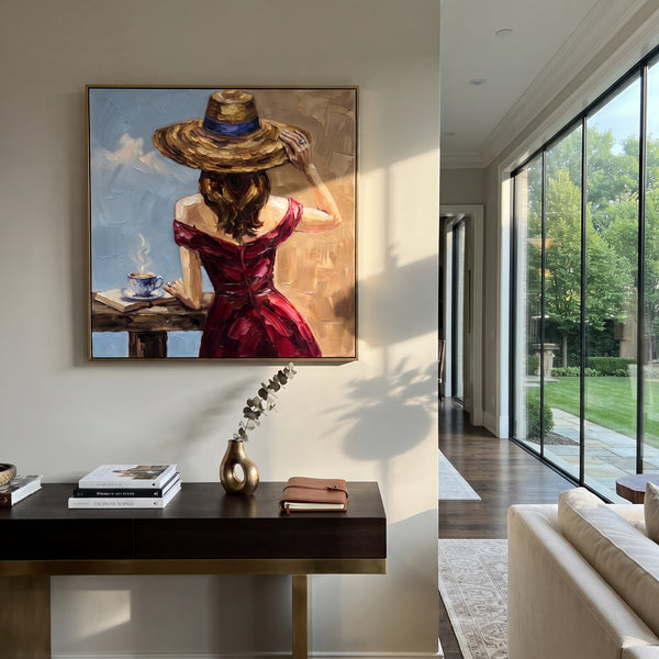 "Soft River Hat and Vase Portrait" - Modern Heavy Impasto Landscape Artwork | Blue & Red Palette Knife Painting | Luxury Square Wall Art #PT 3173