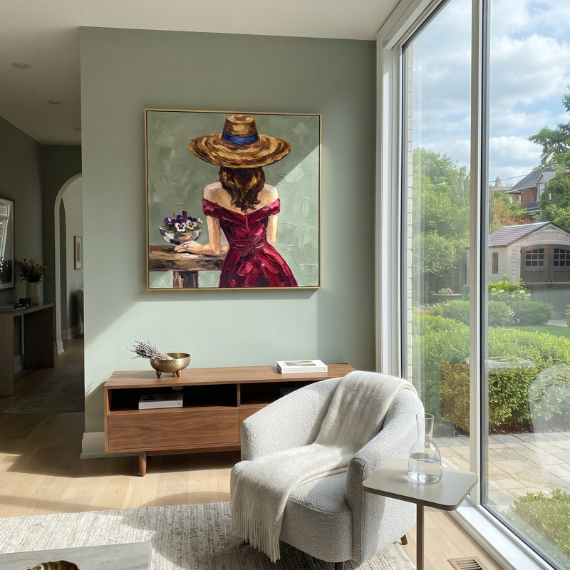 "Restful River Hat and Vase Portrait" - Modern Heavy Impasto Landscape Artwork | Green & Grey Palette Knife Painting | Luxury Square Wall Art #PT 3174