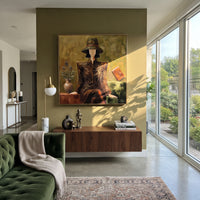 Playful River Hat and Vase Portrait focuses on a faceless woman in a wide hat holding flowers or a decorative object. The composition keeps the principal subject clearly separated from the painted field, so the eye can follow the specific gesture, silhouette, garment, fur, petal, ridge, or river visible in this artwork. Its color relationships move between beige, black, and blue, with lighter passages opening the focal area and deeper strokes giving the forms weight. Palette-knife edges, impasto