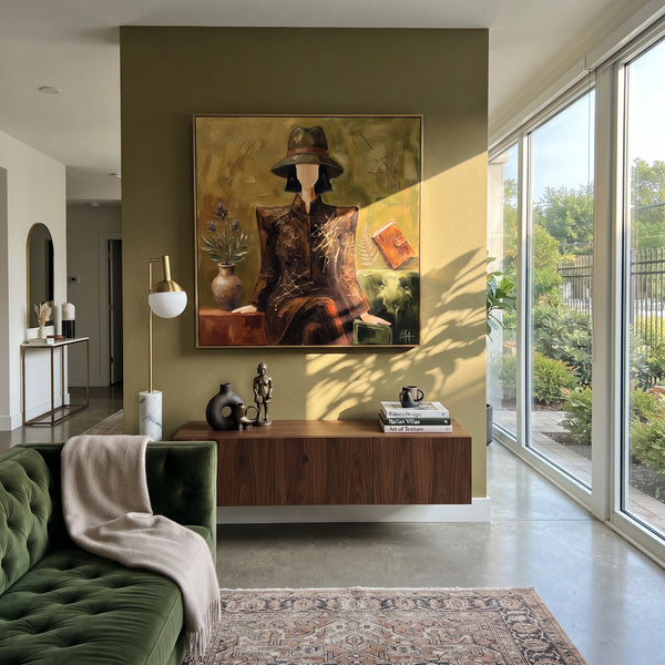 "Playful River Hat and Vase Portrait" - Modern Heavy Impasto Landscape Artwork | Beige & Black Palette Knife Painting | Luxury Square Wall Art #PT 3175