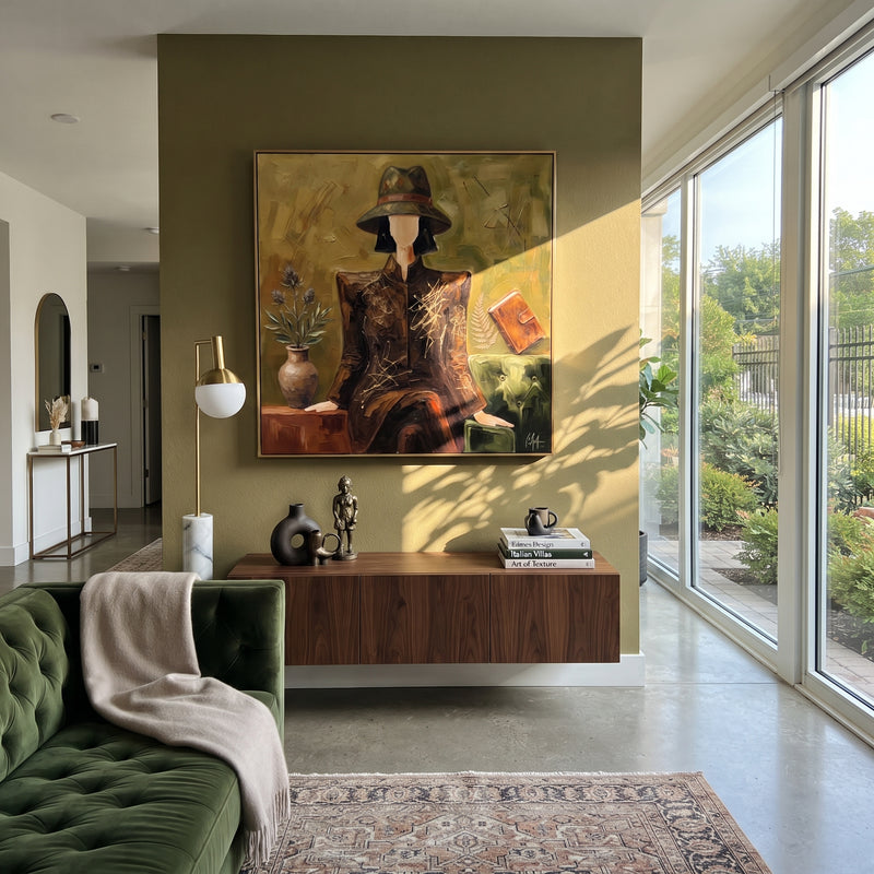 "Playful River Hat and Vase Portrait" - Modern Heavy Impasto Landscape Artwork | Beige & Black Palette Knife Painting | Luxury Square Wall Art #PT 3175