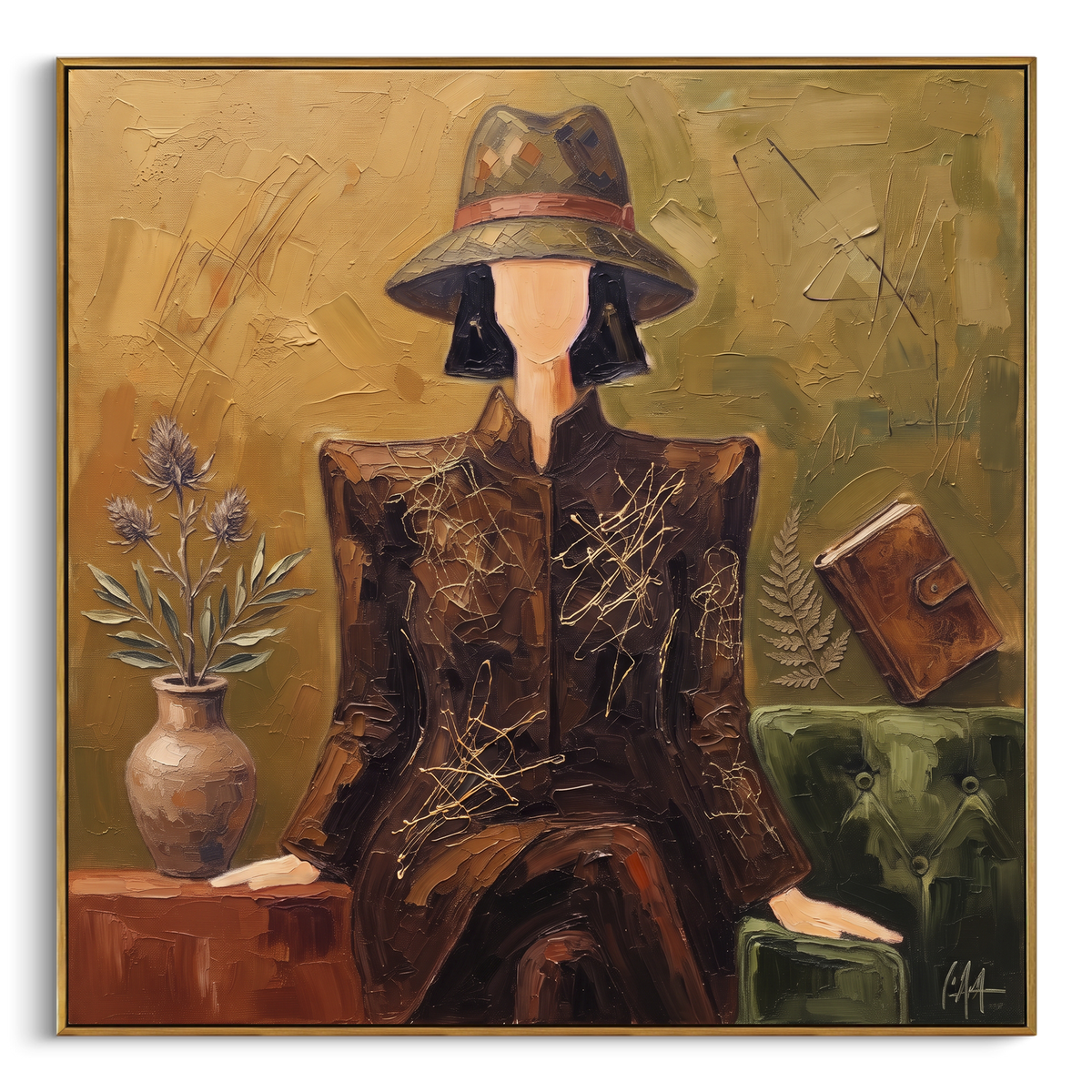 "Playful River Hat and Vase Portrait" - Modern Heavy Impasto Landscape Artwork | Beige & Black Palette Knife Painting | Luxury Square Wall Art #PT 3175
