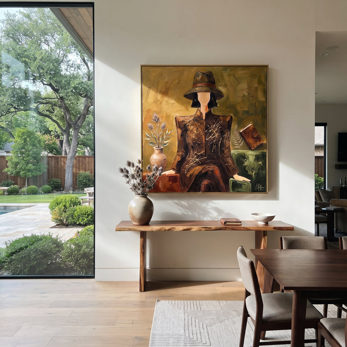Playful River Hat and Vase Portrait focuses on a faceless woman in a wide hat holding flowers or a decorative object. The composition keeps the principal subject clearly separated from the painted field, so the eye can follow the specific gesture, silhouette, garment, fur, petal, ridge, or river visible in this artwork. Its color relationships move between beige, black, and blue, with lighter passages opening the focal area and deeper strokes giving the forms weight. Palette-knife edges, impasto