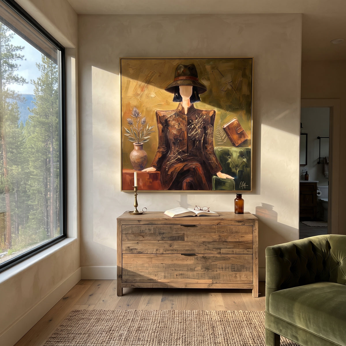 Playful River Hat and Vase Portrait focuses on a faceless woman in a wide hat holding flowers or a decorative object. The composition keeps the principal subject clearly separated from the painted field, so the eye can follow the specific gesture, silhouette, garment, fur, petal, ridge, or river visible in this artwork. Its color relationships move between beige, black, and blue, with lighter passages opening the focal area and deeper strokes giving the forms weight. Palette-knife edges, impasto