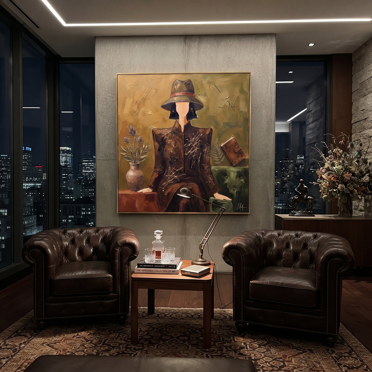 Playful River Hat and Vase Portrait focuses on a faceless woman in a wide hat holding flowers or a decorative object. The composition keeps the principal subject clearly separated from the painted field, so the eye can follow the specific gesture, silhouette, garment, fur, petal, ridge, or river visible in this artwork. Its color relationships move between beige, black, and blue, with lighter passages opening the focal area and deeper strokes giving the forms weight. Palette-knife edges, impasto