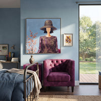 Distant River Hat and Vase Portrait focuses on a faceless woman in a wide hat holding flowers or a decorative object. The composition keeps the principal subject clearly separated from the painted field, so the eye can follow the specific gesture, silhouette, garment, fur, petal, ridge, or river visible in this artwork. Its color relationships move between purple, green, and white, with lighter passages opening the focal area and deeper strokes giving the forms weight. Palette-knife edges