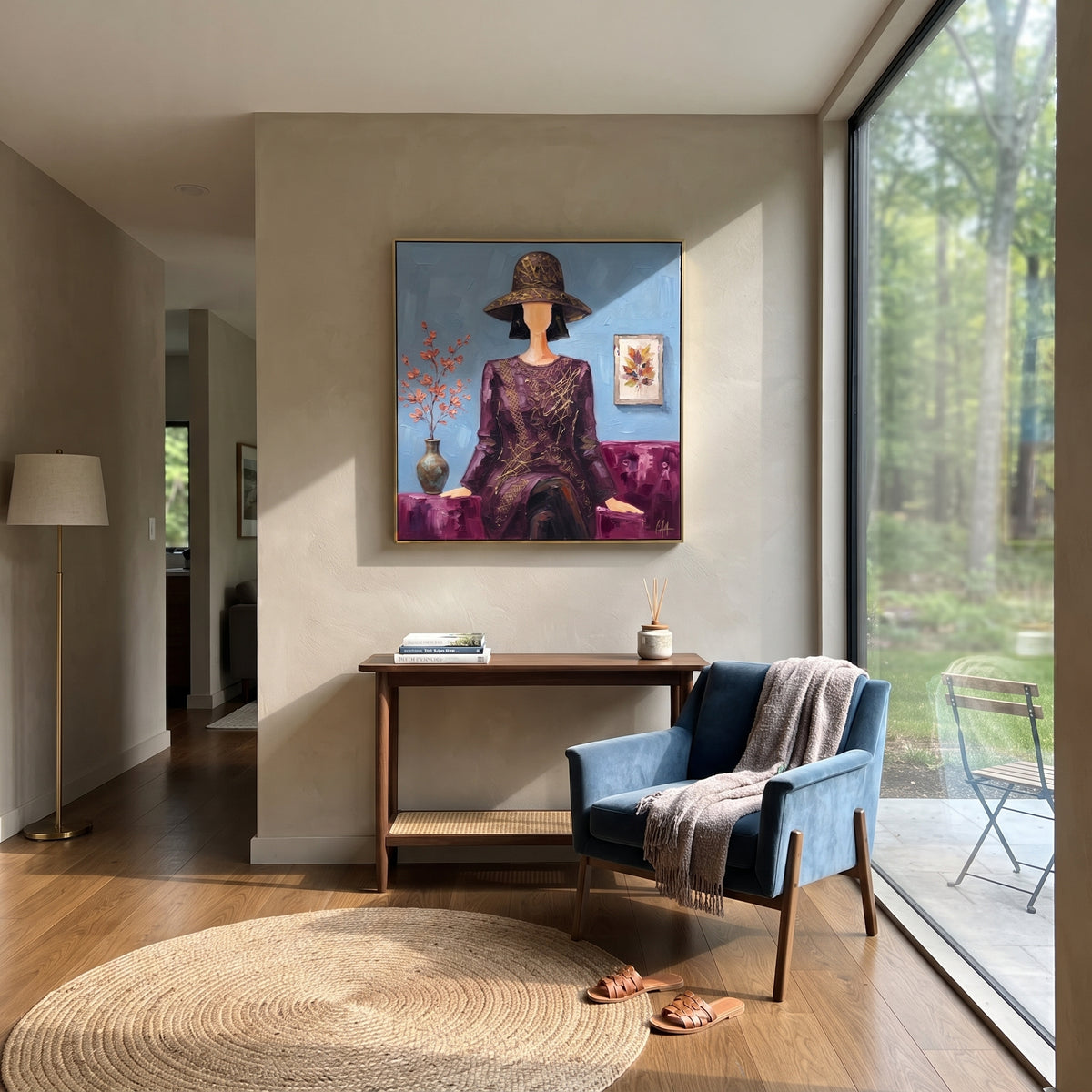 Distant River Hat and Vase Portrait focuses on a faceless woman in a wide hat holding flowers or a decorative object. The composition keeps the principal subject clearly separated from the painted field, so the eye can follow the specific gesture, silhouette, garment, fur, petal, ridge, or river visible in this artwork. Its color relationships move between purple, green, and white, with lighter passages opening the focal area and deeper strokes giving the forms weight. Palette-knife edges