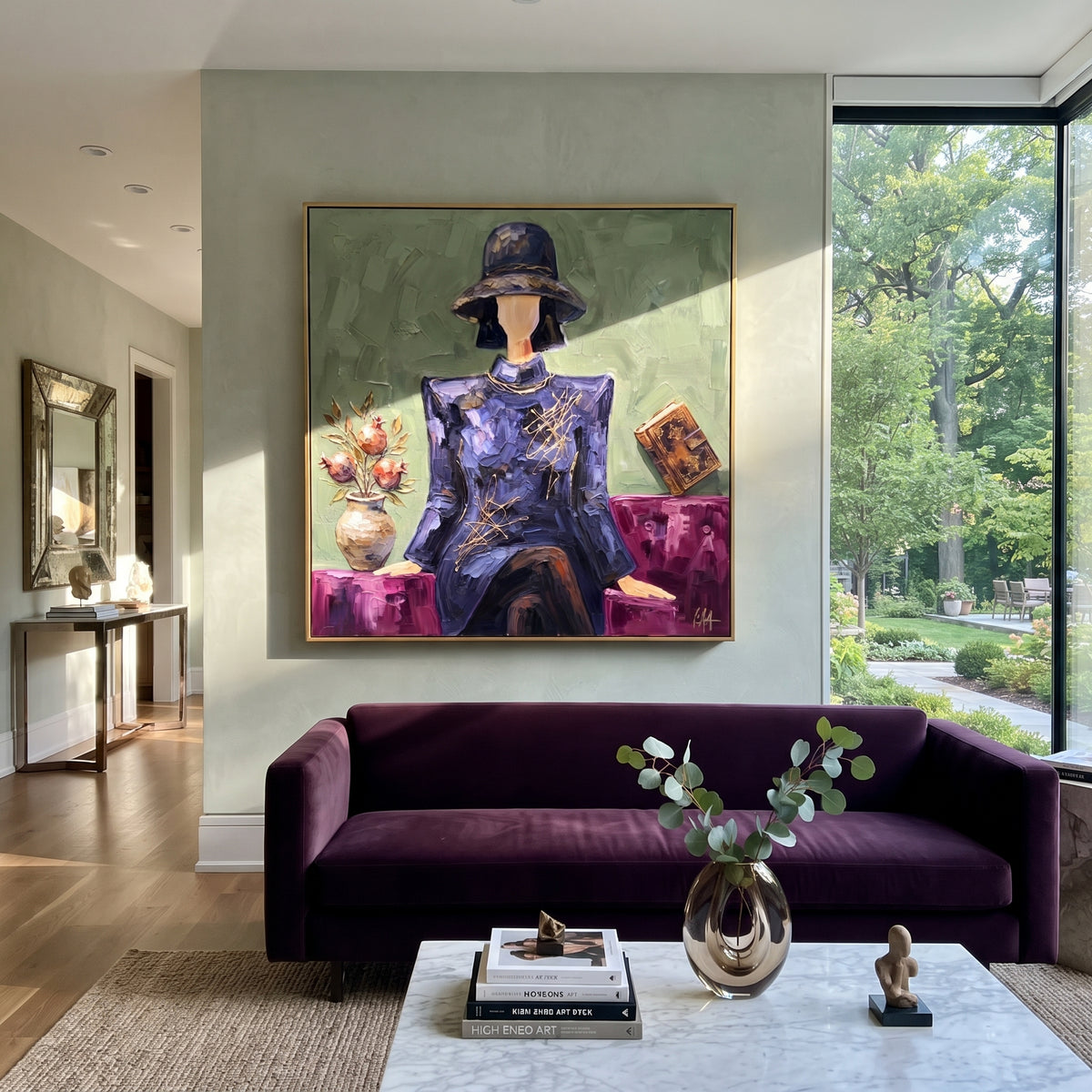 Gathered River Hat and Vase Portrait focuses on a faceless woman in a wide hat holding flowers or a decorative object. The composition keeps the principal subject clearly separated from the painted field, so the eye can follow the specific gesture, silhouette, garment, fur, petal, ridge, or river visible in this artwork. Its color relationships move between blue, beige, and brown, with lighter passages opening the focal area and deeper strokes giving the forms weight. Palette-knife edges