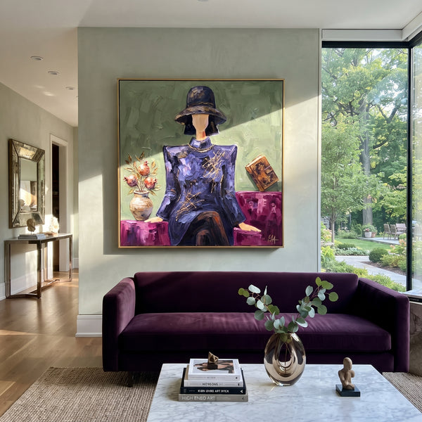 "Gathered River Hat and Vase Portrait" - Modern Heavy Impasto Landscape Artwork | Blue & Beige Palette Knife Painting | Luxury Square Wall Art #PT 3177