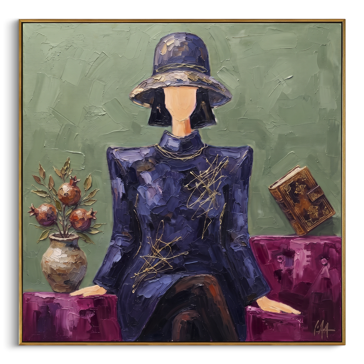 Gathered River Hat and Vase Portrait focuses on a faceless woman in a wide hat holding flowers or a decorative object. The composition keeps the principal subject clearly separated from the painted field, so the eye can follow the specific gesture, silhouette, garment, fur, petal, ridge, or river visible in this artwork. Its color relationships move between blue, beige, and brown, with lighter passages opening the focal area and deeper strokes giving the forms weight. Palette-knife edges