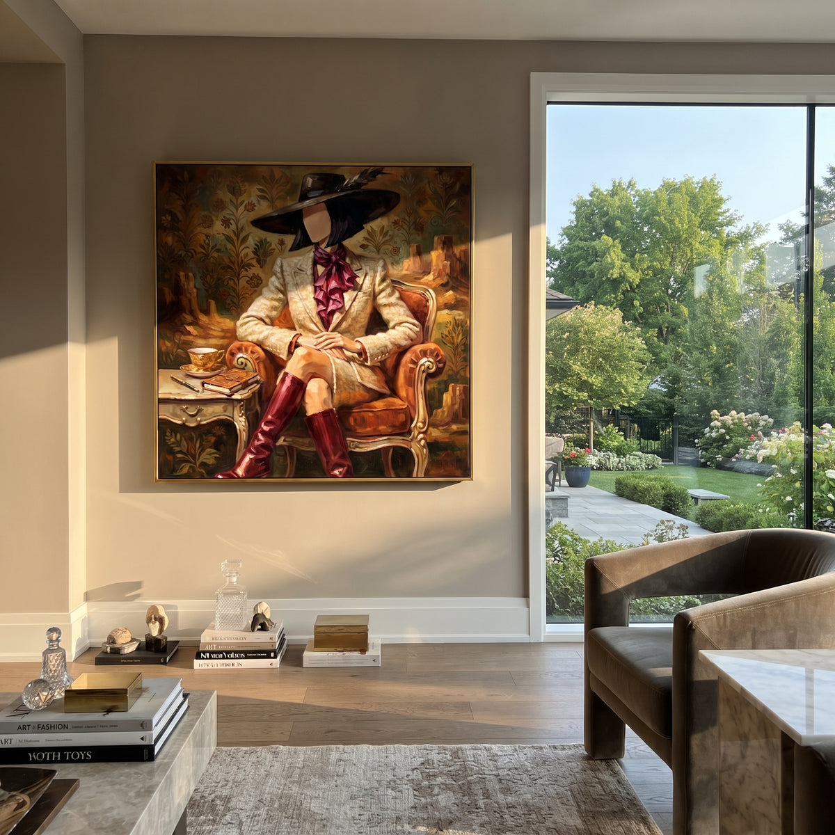 River River Hat and Vase Portrait focuses on a faceless woman in a wide hat holding flowers or a decorative object. The composition keeps the principal subject clearly separated from the painted field, so the eye can follow the specific gesture, silhouette, garment, fur, petal, ridge, or river visible in this artwork. Its color relationships move between orange, pink, and green, with lighter passages opening the focal area and deeper strokes giving the forms weight. Palette-knife edges, impasto