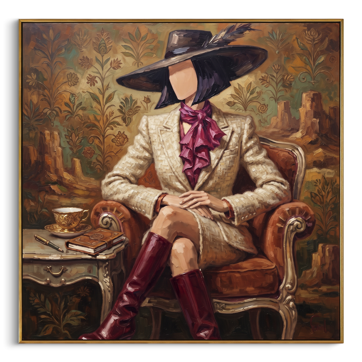 "River River Hat and Vase Portrait" - Modern Heavy Impasto Landscape Artwork | Orange & Pink Palette Knife Painting | Luxury Square Wall Art #PT 3178