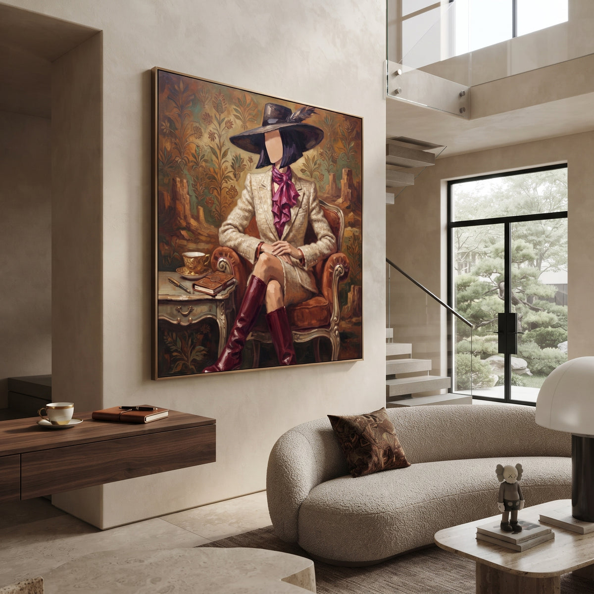 River River Hat and Vase Portrait focuses on a faceless woman in a wide hat holding flowers or a decorative object. The composition keeps the principal subject clearly separated from the painted field, so the eye can follow the specific gesture, silhouette, garment, fur, petal, ridge, or river visible in this artwork. Its color relationships move between orange, pink, and green, with lighter passages opening the focal area and deeper strokes giving the forms weight. Palette-knife edges, impasto