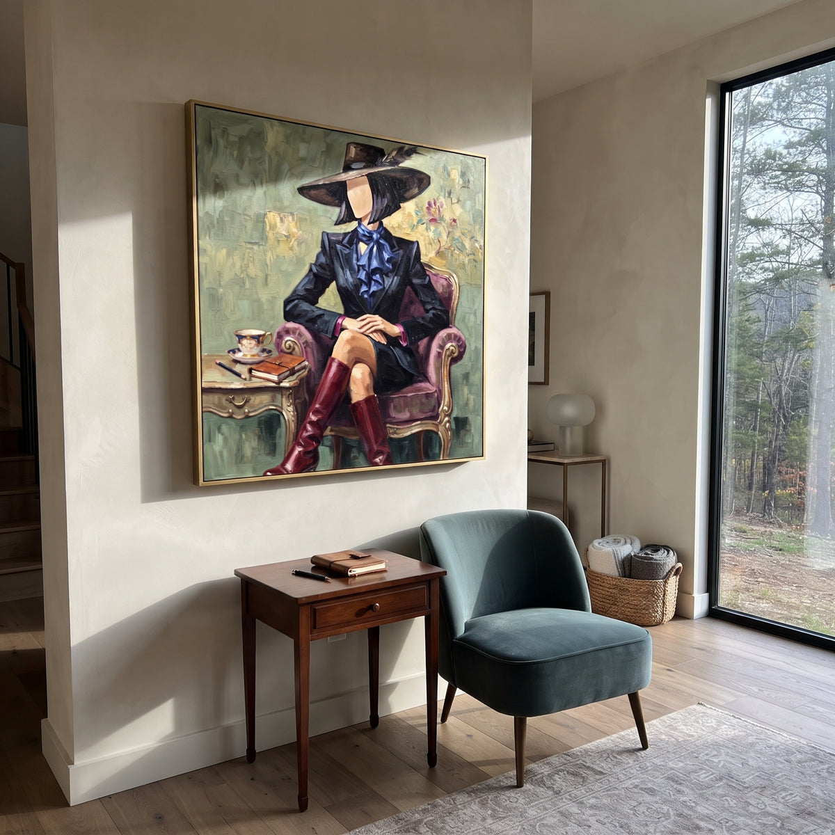 Warm River Hat and Vase Portrait focuses on a faceless woman in a wide hat holding flowers or a decorative object. The composition keeps the principal subject clearly separated from the painted field, so the eye can follow the specific gesture, silhouette, garment, fur, petal, ridge, or river visible in this artwork. Its color relationships move between green, yellow, and beige, with lighter passages opening the focal area and deeper strokes giving the forms weight. Palette-knife edges, impasto