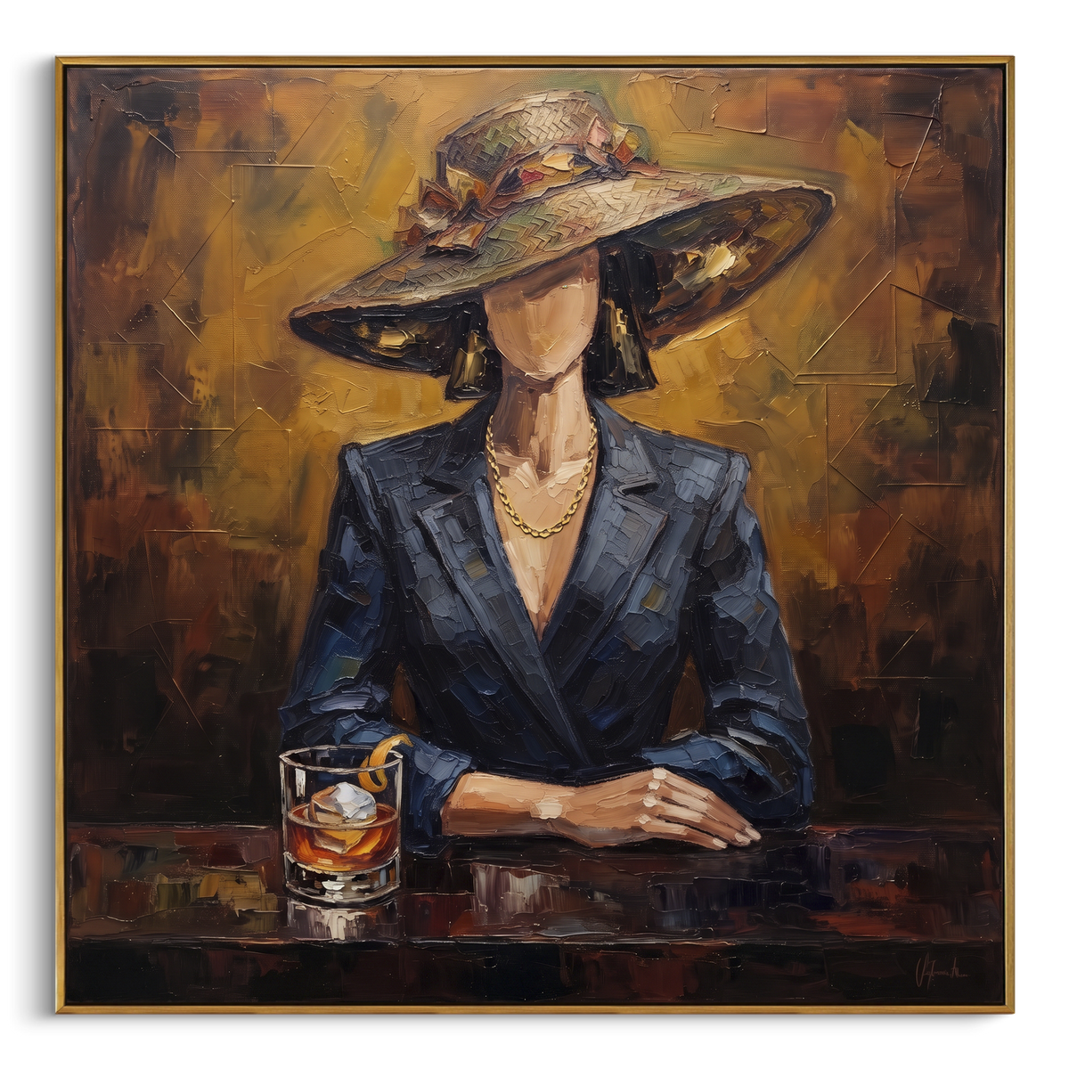 Still River Hat and Vase Portrait focuses on a faceless woman in a wide hat holding flowers or a decorative object. The composition keeps the principal subject clearly separated from the painted field, so the eye can follow the specific gesture, silhouette, garment, fur, petal, ridge, or river visible in this artwork. Its color relationships move between blue, grey, and white, with lighter passages opening the focal area and deeper strokes giving the forms weight. Palette-knife edges, impasto