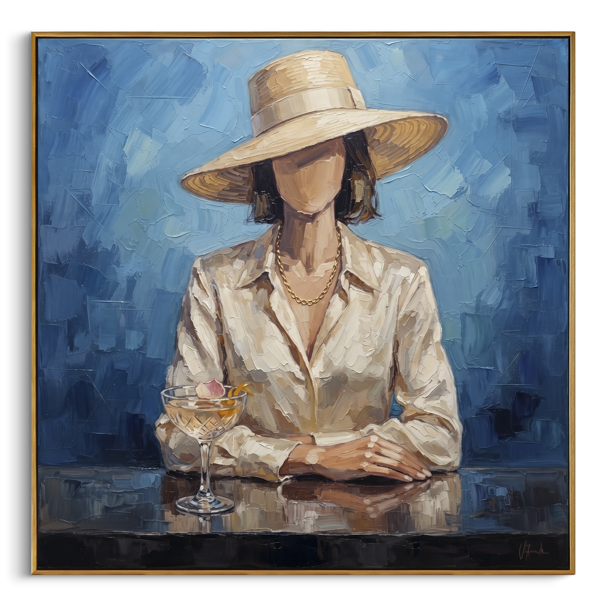 Gentle River Hat and Vase Portrait focuses on a faceless woman in a wide hat holding flowers or a decorative object. The composition keeps the principal subject clearly separated from the painted field, so the eye can follow the specific gesture, silhouette, garment, fur, petal, ridge, or river visible in this artwork. Its color relationships move between green, brown, and yellow, with lighter passages opening the focal area and deeper strokes giving the forms weight. Palette-knife edges