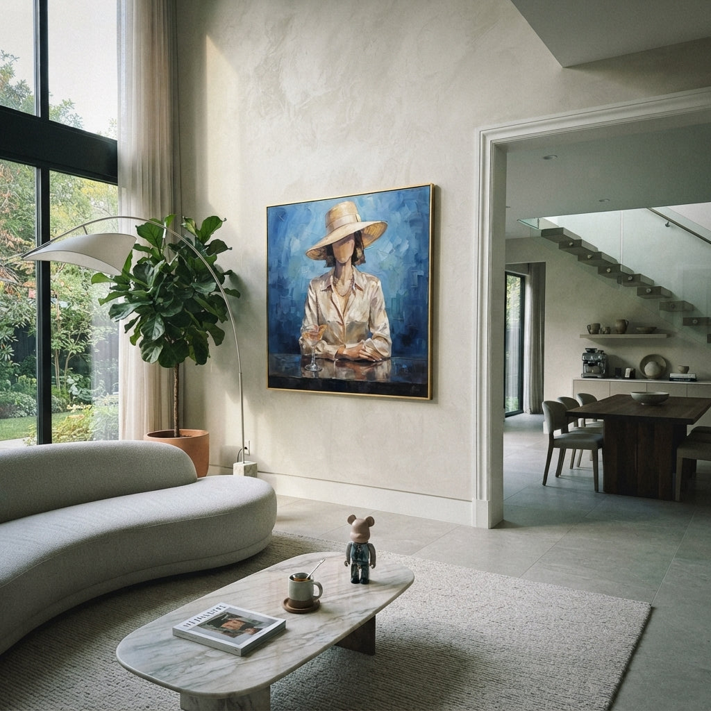 Gentle River Hat and Vase Portrait focuses on a faceless woman in a wide hat holding flowers or a decorative object. The composition keeps the principal subject clearly separated from the painted field, so the eye can follow the specific gesture, silhouette, garment, fur, petal, ridge, or river visible in this artwork. Its color relationships move between green, brown, and yellow, with lighter passages opening the focal area and deeper strokes giving the forms weight. Palette-knife edges