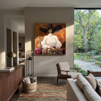 Wandering River Hat and Vase Portrait focuses on a faceless woman in a wide hat holding flowers or a decorative object. The composition keeps the principal subject clearly separated from the painted field, so the eye can follow the specific gesture, silhouette, garment, fur, petal, ridge, or river visible in this artwork. Its color relationships move between blue, red, and white, with lighter passages opening the focal area and deeper strokes giving the forms weight. Palette-knife edges, impasto