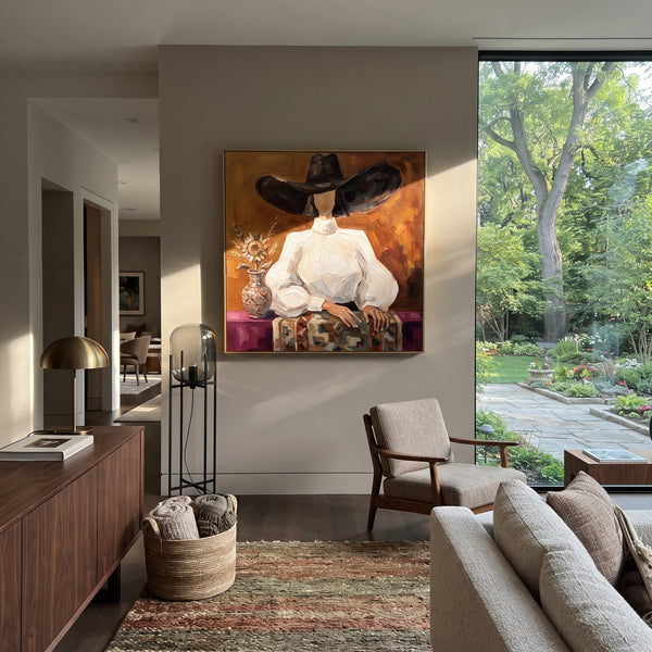 "Wandering River Hat and Vase Portrait" - Modern Heavy Impasto Landscape Artwork | Blue & Red Palette Knife Painting | Luxury Square Wall Art #PT 3183