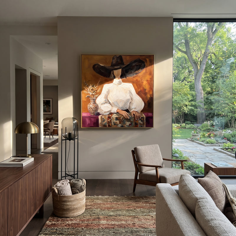 "Wandering River Hat and Vase Portrait" - Modern Heavy Impasto Landscape Artwork | Blue & Red Palette Knife Painting | Luxury Square Wall Art #PT 3183