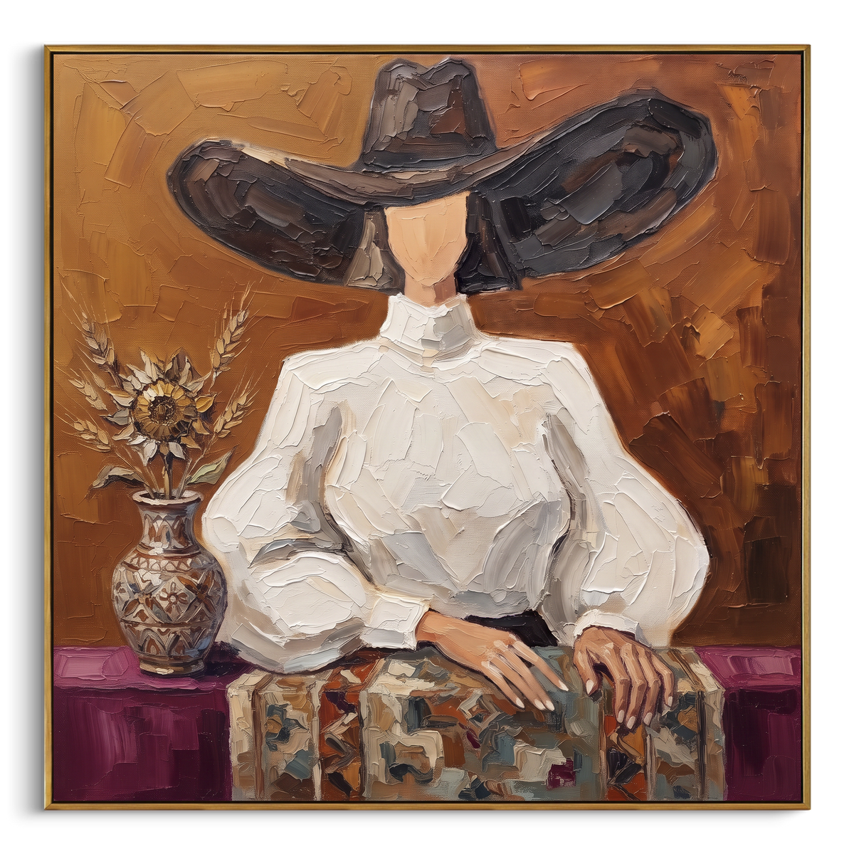 Wandering River Hat and Vase Portrait focuses on a faceless woman in a wide hat holding flowers or a decorative object. The composition keeps the principal subject clearly separated from the painted field, so the eye can follow the specific gesture, silhouette, garment, fur, petal, ridge, or river visible in this artwork. Its color relationships move between blue, red, and white, with lighter passages opening the focal area and deeper strokes giving the forms weight. Palette-knife edges, impasto