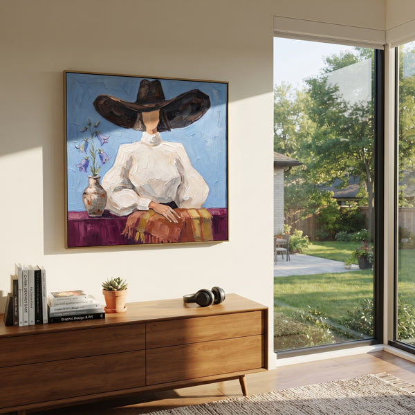 "Reflective River Hat and Vase Portrait" - Modern Heavy Impasto Landscape Artwork | Green & Grey Palette Knife Painting | Luxury Square Wall Art #PT 3184