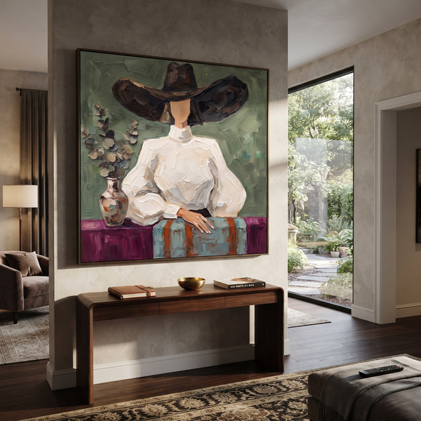 "Midnight River Hat and Vase Portrait" - Modern Heavy Impasto Landscape Artwork | Beige & Black Palette Knife Painting | Luxury Square Wall Art #PT 3185