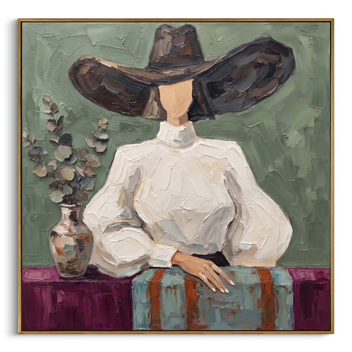 "Midnight River Hat and Vase Portrait" - Modern Heavy Impasto Landscape Artwork | Beige & Black Palette Knife Painting | Luxury Square Wall Art #PT 3185