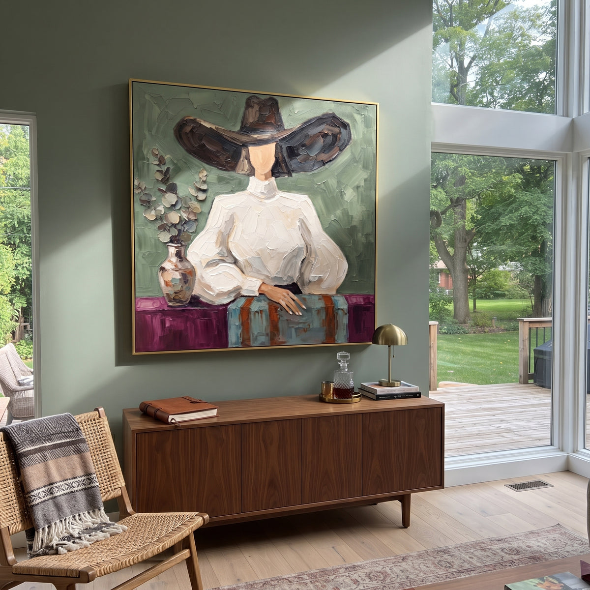 Midnight River Hat and Vase Portrait focuses on a faceless woman in a wide hat holding flowers or a decorative object. The composition keeps the principal subject clearly separated from the painted field, so the eye can follow the specific gesture, silhouette, garment, fur, petal, ridge, or river visible in this artwork. Its color relationships move between beige, black, and blue, with lighter passages opening the focal area and deeper strokes giving the forms weight. Palette-knife edges