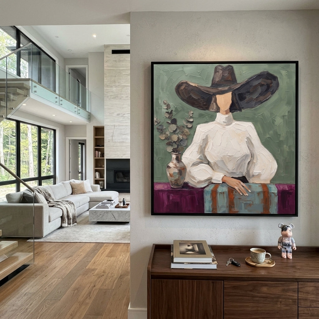 Midnight River Hat and Vase Portrait focuses on a faceless woman in a wide hat holding flowers or a decorative object. The composition keeps the principal subject clearly separated from the painted field, so the eye can follow the specific gesture, silhouette, garment, fur, petal, ridge, or river visible in this artwork. Its color relationships move between beige, black, and blue, with lighter passages opening the focal area and deeper strokes giving the forms weight. Palette-knife edges