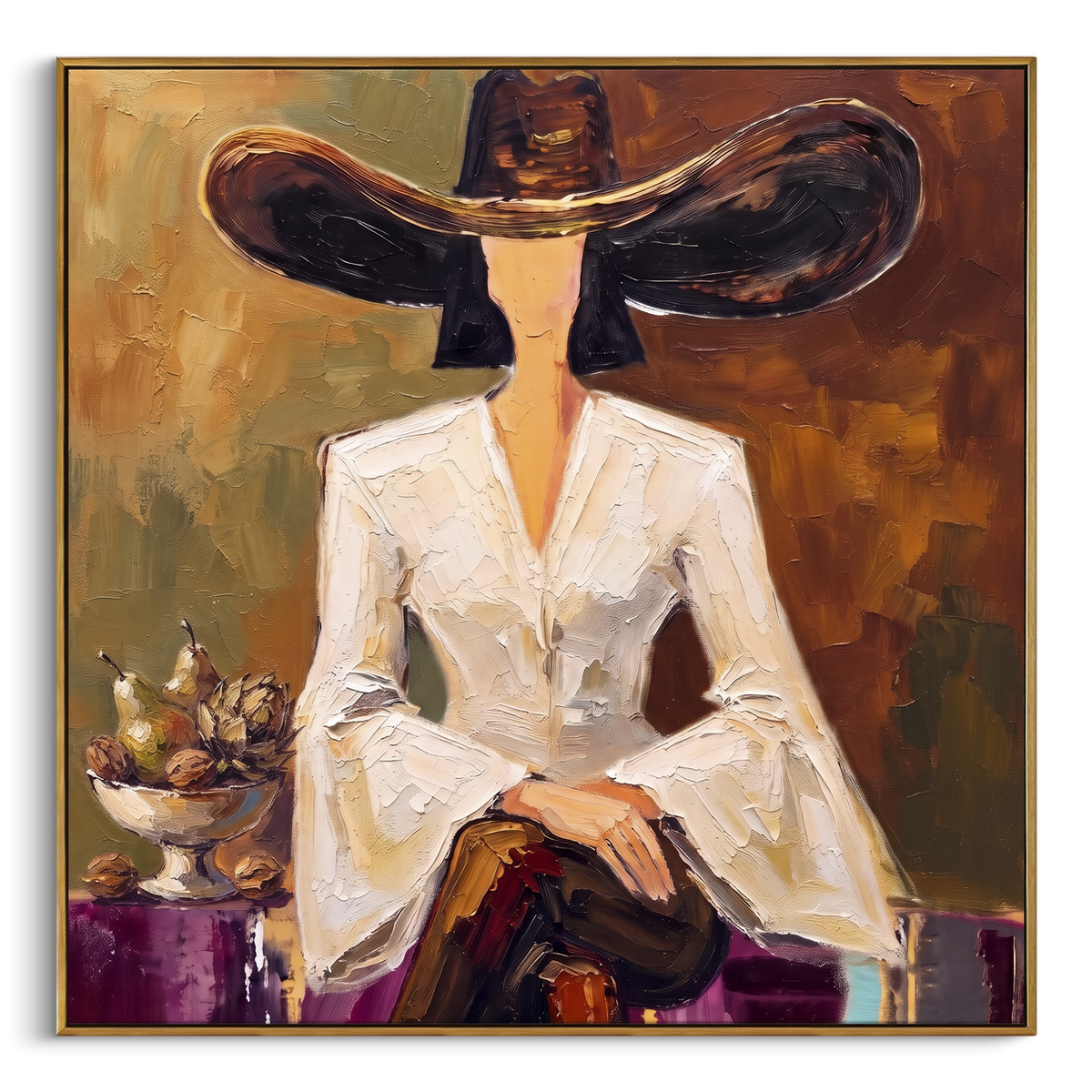 Storybook River Hat and Vase Portrait focuses on a faceless woman in a wide hat holding flowers or a decorative object. The composition keeps the principal subject clearly separated from the painted field, so the eye can follow the specific gesture, silhouette, garment, fur, petal, ridge, or river visible in this artwork. Its color relationships move between purple, green, and white, with lighter passages opening the focal area and deeper strokes giving the forms weight. Palette-knife edges